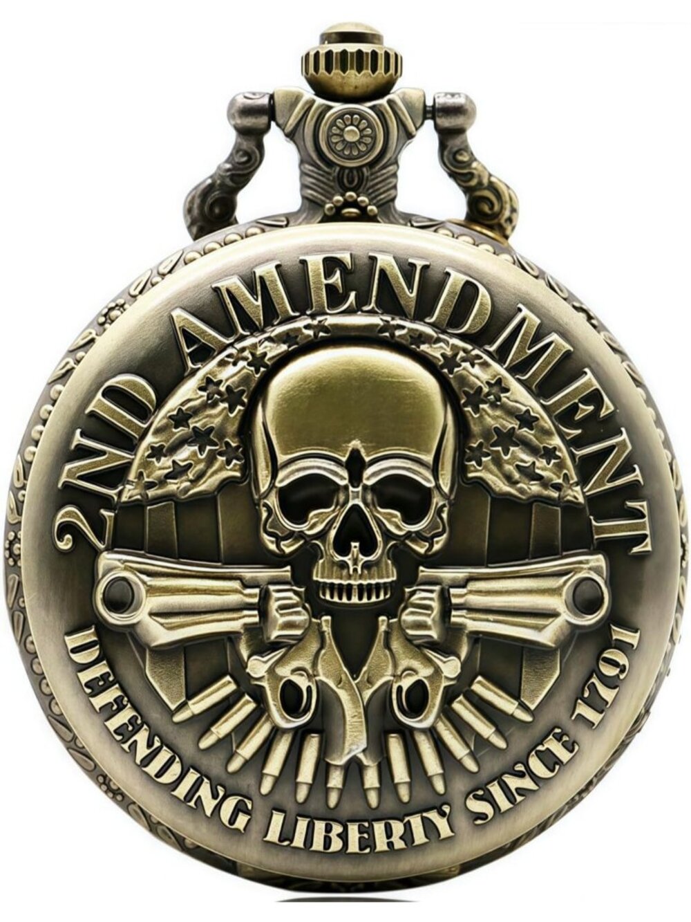 Men's Brown Engraved Cowboys Arabic Numerals Skull Bronze Chain Pocket Watch